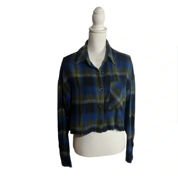 Mimosa Blue/Green/Black Cropped Flannel Shirt, size M - Picture 4 of 8